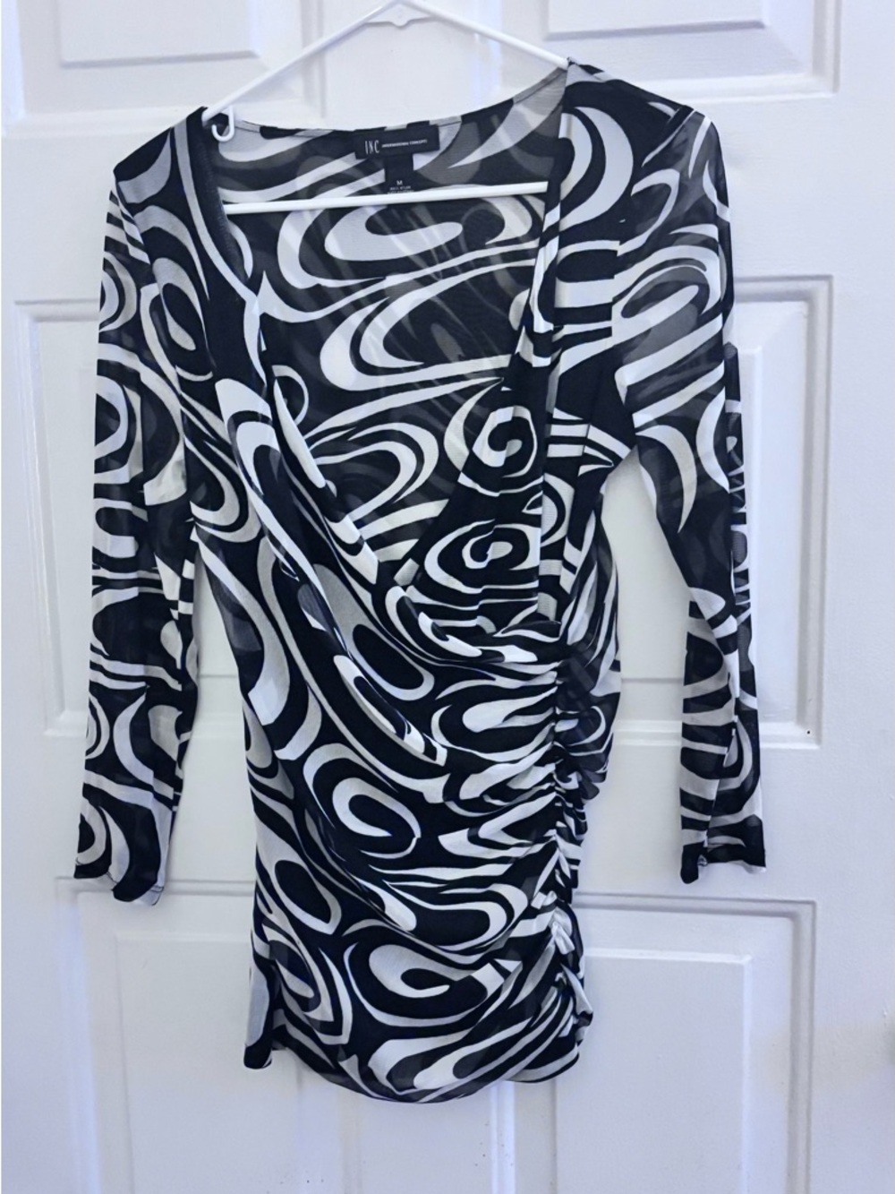 INC International Concepts Black & White Swirl Ruched Wrap Long Sleeve Dress